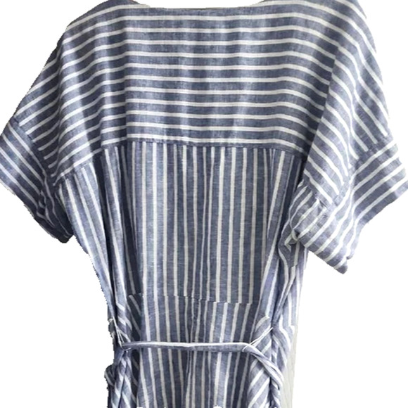 Chaps Blue & White Stripped Midi Shirt Dress Linen Blend Belted Full Circle L - Picture 10 of 11